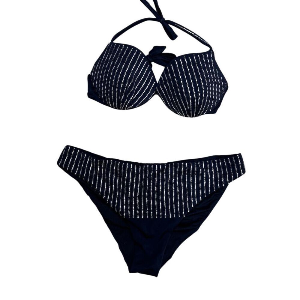 NWOT Calzedonia M Black Crystal Embellished Striped Halter Bikini Set 2 Piece